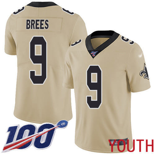 New Orleans Saints Limited Gold Youth Drew Brees Jersey NFL Football #9 100th Season Inverted Legend Jersey